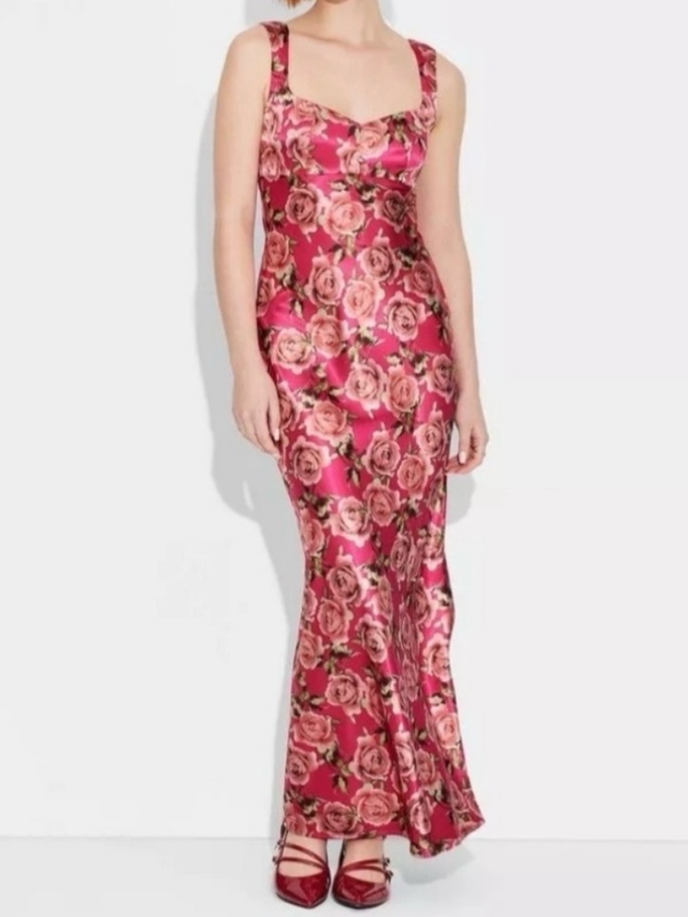 Pink Floral Satin Maxi Dress
